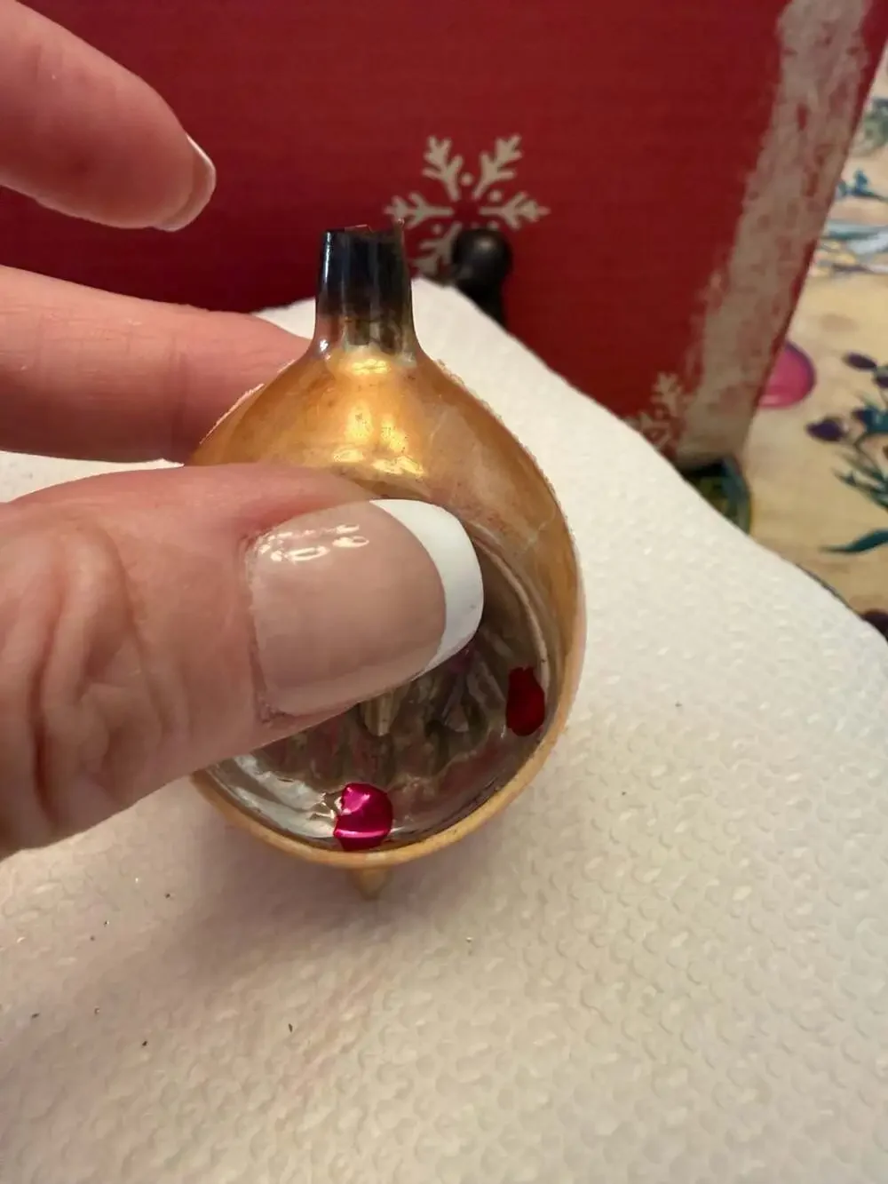 Vintage Polish Mercury Glass Teardrop Indent Reflector Christmas Ornament with M